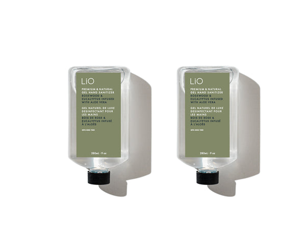 Two bottles of LiO Soothing rosewood and eucalyptus scented gel hand sanitizer